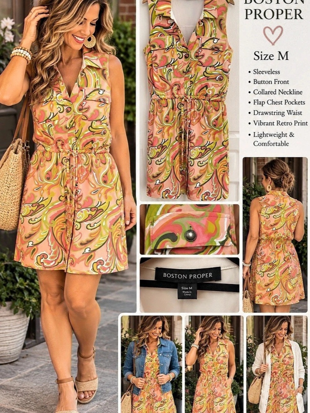 Boston Proper Intricate Paisley dress Pink & Green Medium